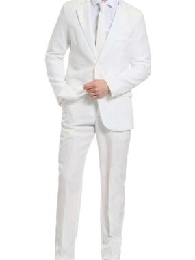 NEW-Two Piece Men's Plain Classic White Suit Pants & Coat Modern Fit Costume MED
